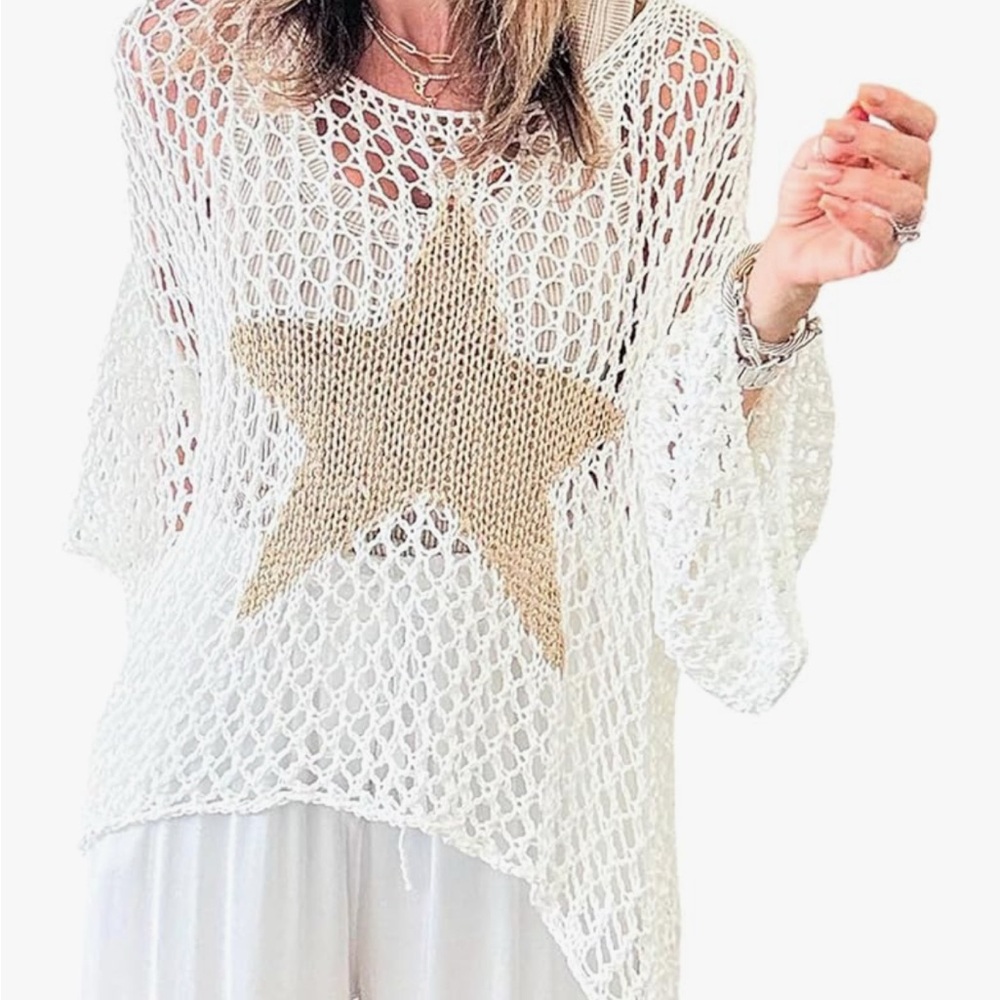 White Boho Knit Y2K Crotchet Oversized Sweater Top with Tan Star